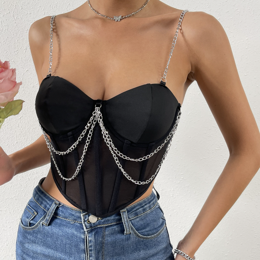 Edgy Chain Strap Sheer Bustier Tank
