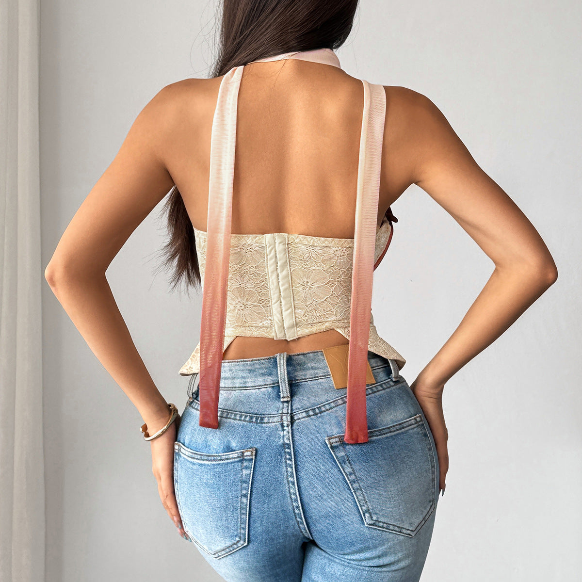 Gradient Ruffle Lace Bustier Top - Built-In Bra