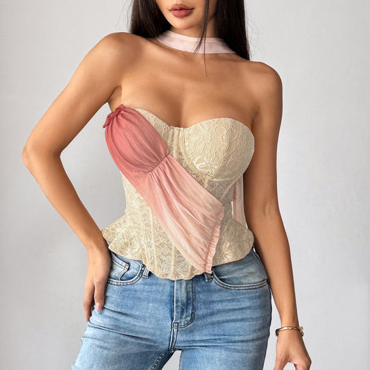 Gradient Ruffle Lace Bustier Top - Built-In Bra