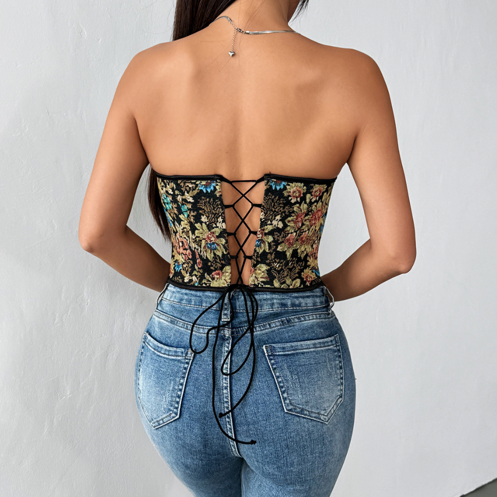 Jacquard Strapless Top - Lace-Up Back