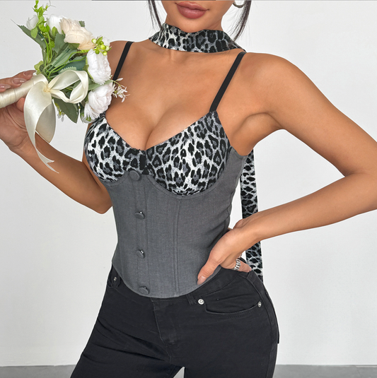 Couture Safari Top - Boned Bralette with Leopard Panels