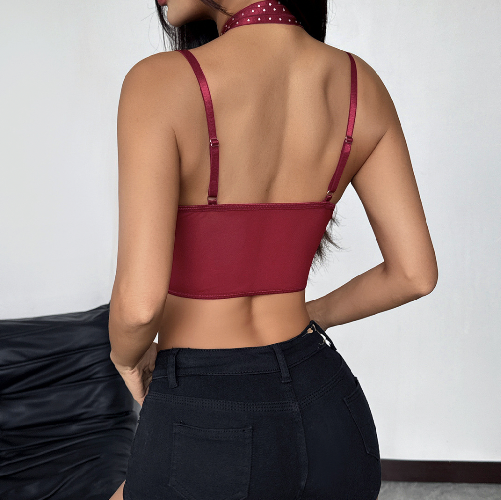 Sexy Lace Trim Halter Bustier Crop Top