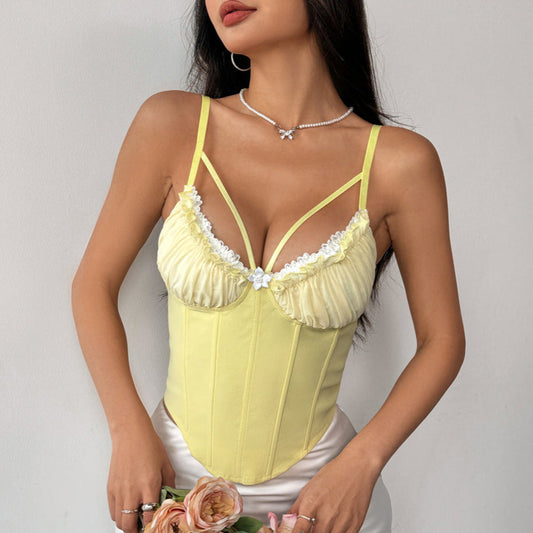 Sheer Mesh Spliced Lace Corset Tank Top