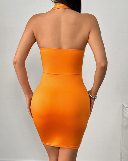 Chic Solid Color Mesh Halter Dress