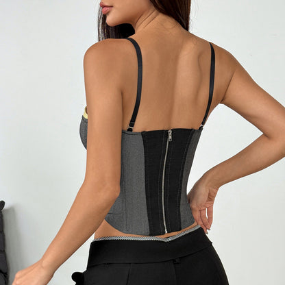 Color-Blocked Corset Tank Top - Removable Straps