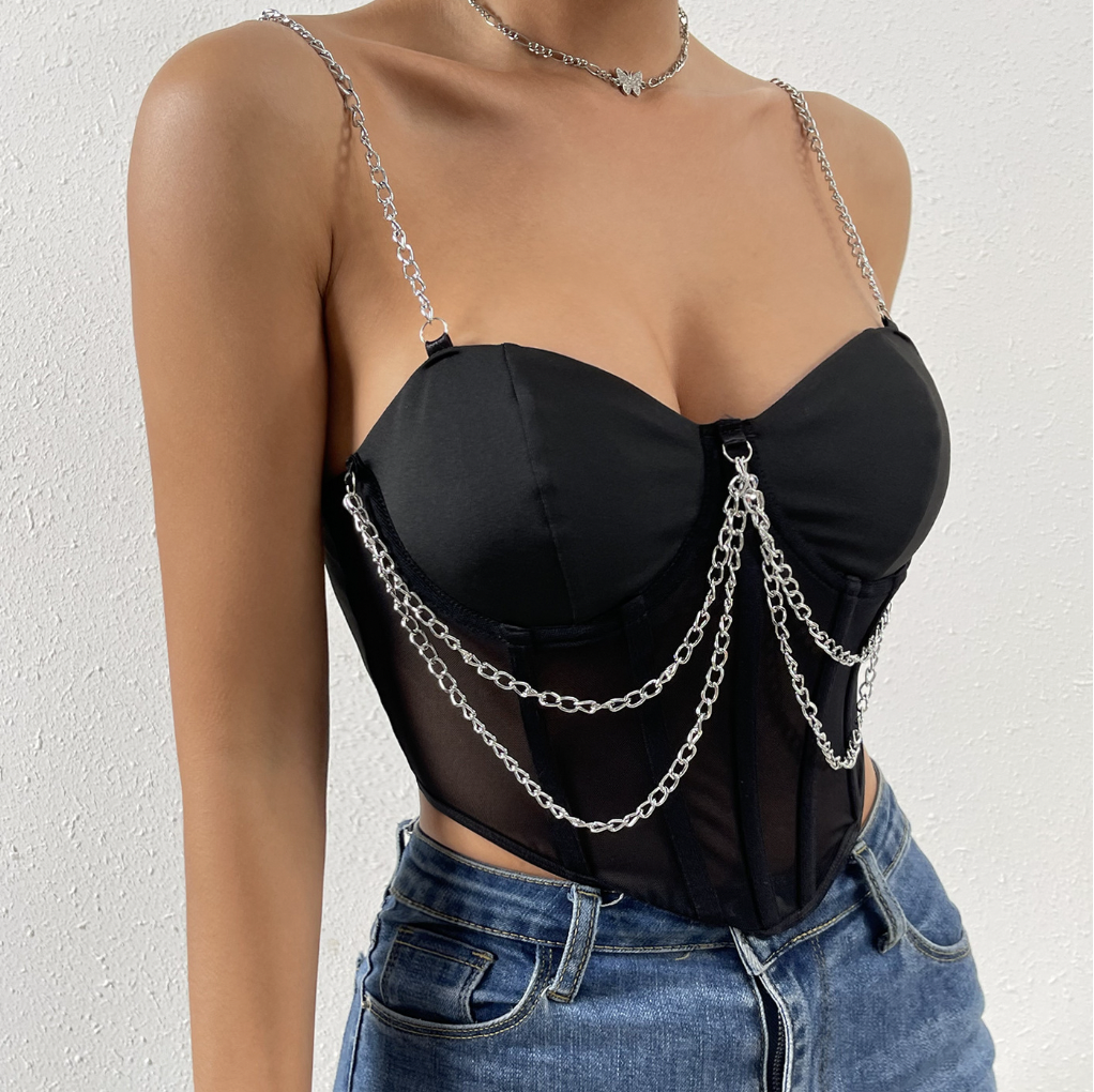Edgy Chain Strap Sheer Bustier Tank
