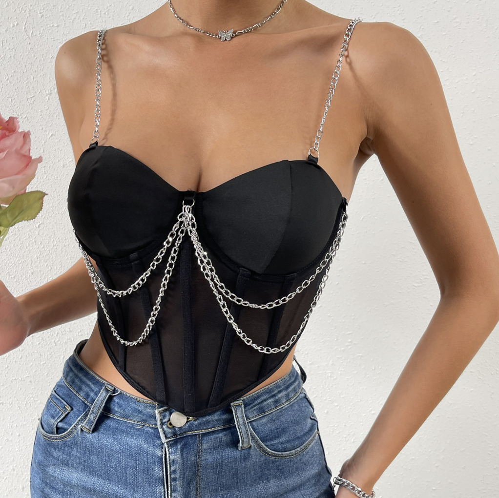 Edgy Chain Strap Sheer Bustier Tank