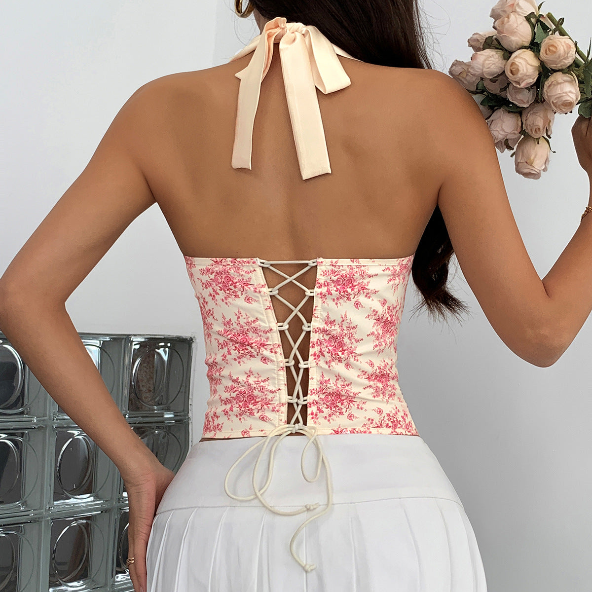 Floral Print Halter Neck Backless Top