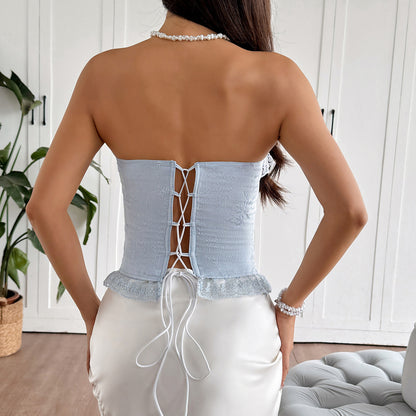 French Style Ruffled Lace Fishbone Tank Top