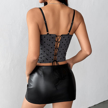 Polka Dot Lace Trim Corset Crop Top