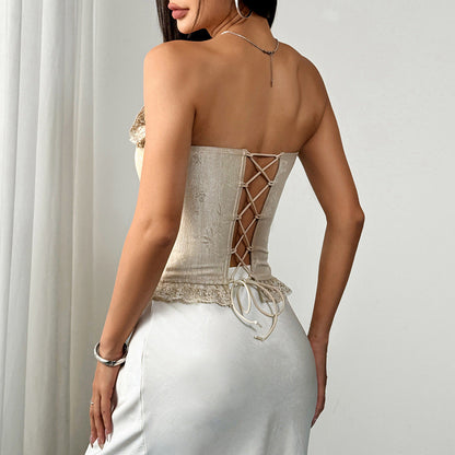 French Style Ruffled Lace Fishbone Tank Top