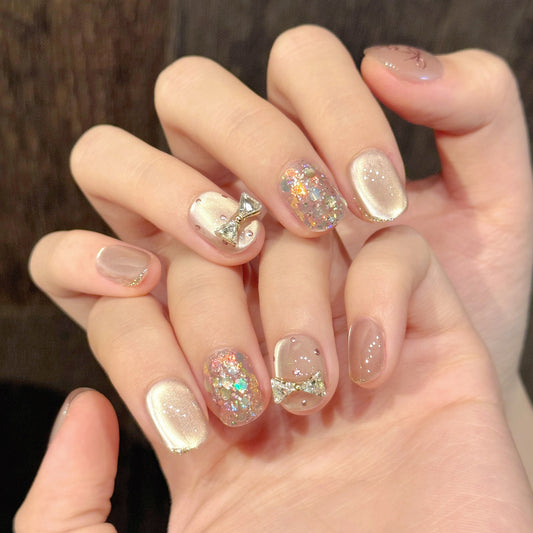 Polka Dot & Bowknot Cat Eye Short Press-On Nails