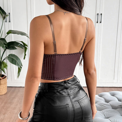 Striped Button-Down Corset Top - Built-In Bra