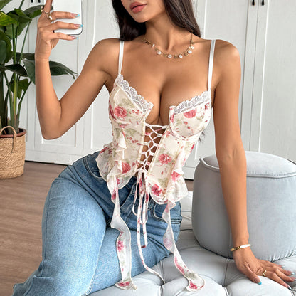 Sweet Floral Cross-Tie Bustier Crop