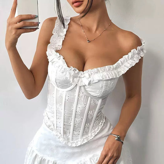 White French Fishbone Corset Strapped Top