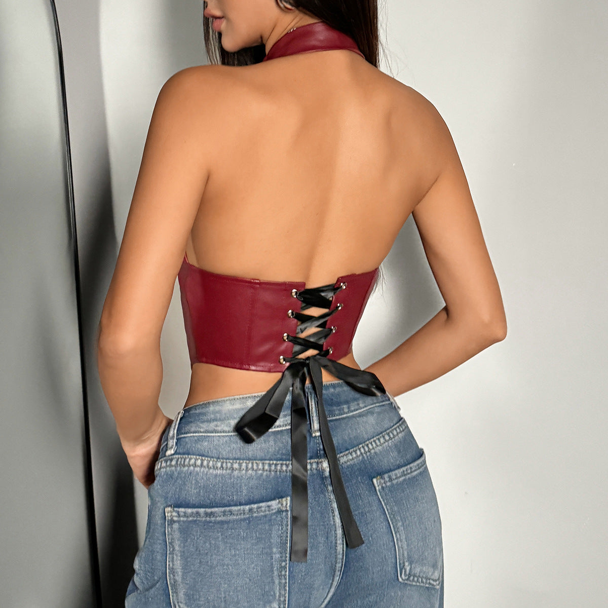 Y2K Baddie Faux Leather Halter Bustier